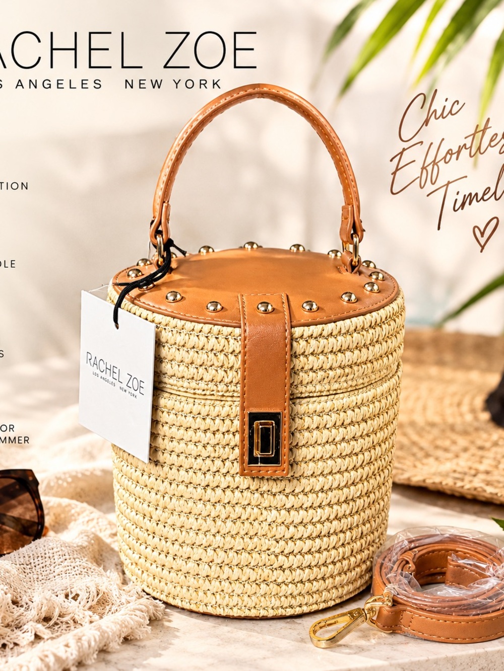 Rachel Zoe Natural Straw Bucket Bag with Tan Leather Trim
